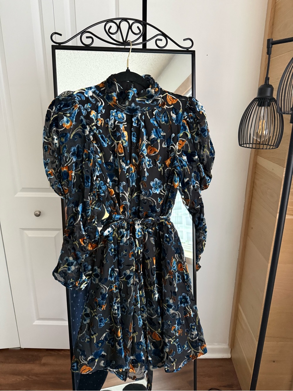 Women's Floral Tie-Waist Dress - Black with Blue & Orange Floral